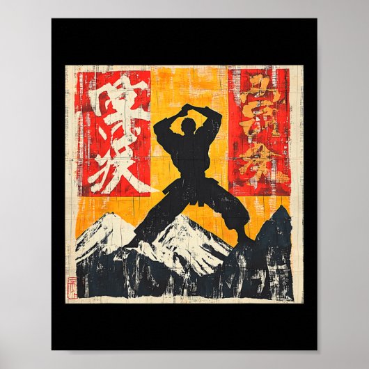 Karate Martial Arts Silhouette op de berg Poster (Voorkant)