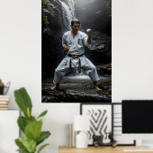 Karate Master Performing Kata Under Waterfall Poster (Thuiskantoor)