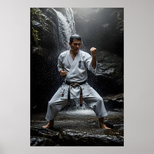 Karate Master Performing Kata Under Waterfall Poster (Voorkant)