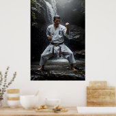 Karate Meester die Kata uitvoert onder waterval Poster (Keuken)