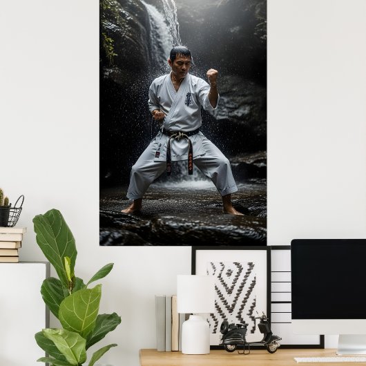 Karate Meester die Kata uitvoert onder waterval Poster (Thuiskantoor)