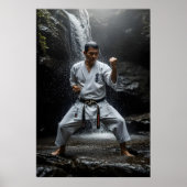 Karate Meester die Kata uitvoert onder waterval Poster (Voorkant)