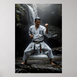 Karate Meester die Kata uitvoert onder waterval Poster