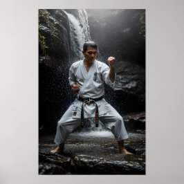 Karate Meester die Kata uitvoert onder waterval Poster