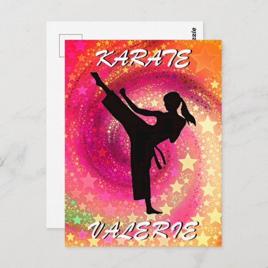 Karate Meisje Kick Sterren en wervelingen Retro Briefkaart (Voorkant / Achterkant)