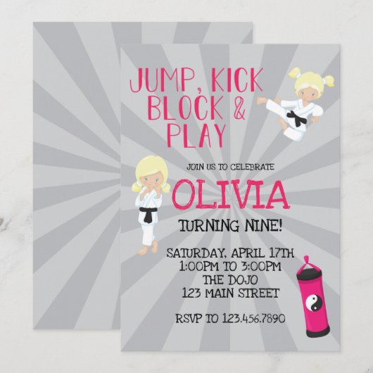 Karate Meisje Roze Martial Arts Verjaardagsuitnodi Kaart (Voorkant / Achterkant)