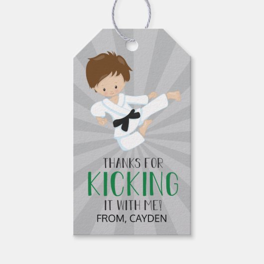 Karate verjaardag jongen favor tags groen cadeaulabel (Voorkant)