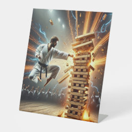 Karateka Breaking Boards - Dynamic Martial Arts Ho Reclamebord Met Voetstuk