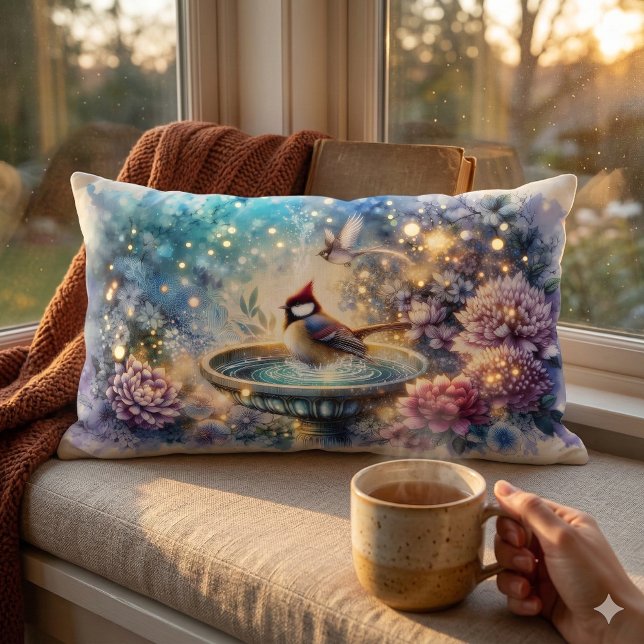Kardinaal bij Vogelbad Droomtuin Kussen (Cardinal at Birdbath Dreamy Garden Ar Lumbar Pillow Mockup D)