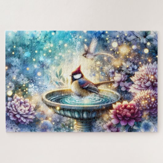 Kardinaal bij Vogelbad Droomtuin Legpuzzel (Horizontaal)