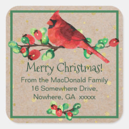 Kardinaal Bird & Berries Lg. Square Address Sticke Vierkante Sticker