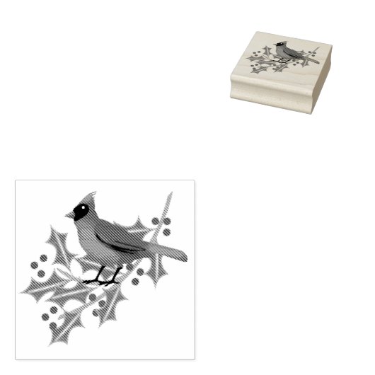 Kardinaal Bird Illustratie Holly Branch Rubberstempel (Gestempeld)