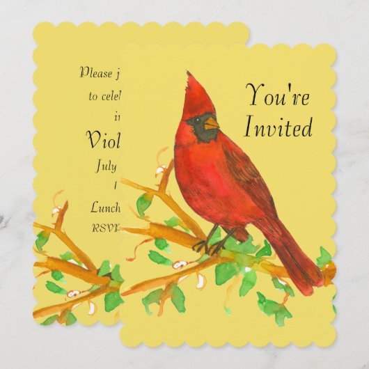 Kardinaal Bird Verjaardagsfeest Uitnodiging Geel (Voorkant / Achterkant)