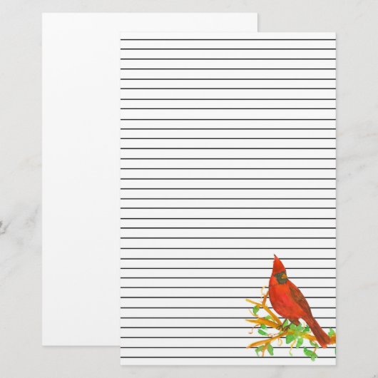 Kardinaal Bird Waterverf Black Lined Briefpapier (Voorkant / Achterkant)