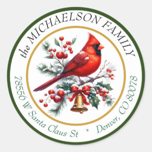 Kardinaal en Bel Kerst Rond Retouradres Ronde Sticker
