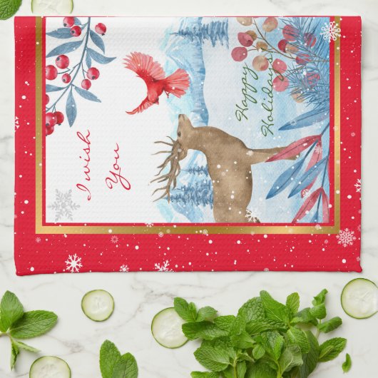 Kardinaal en deer aanpassen theedoek (Gevouwen)