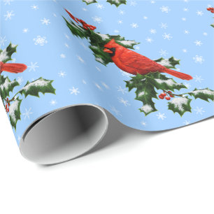 Kardinaal en hulstvlokken cadeaupapier