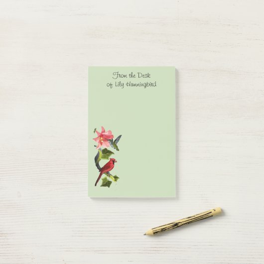 Kardinaal en Hummingbird met Roze Lily en Ivy Post-it® Notes (Op bureau)