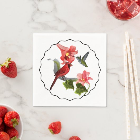 Kardinaal en Hummingbird met Roze Lily en Ivy Servetten (Insitu)