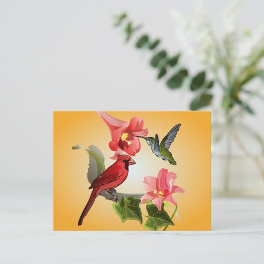 Kardinaal- en Hummingvogel met roze gelilies en ja Briefkaart (Staand voorkant)