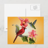 Kardinaal- en Hummingvogel met roze gelilies en ja Briefkaart (Voorkant / Achterkant)