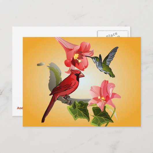 Kardinaal- en Hummingvogel met roze gelilies en ja Briefkaart (Voorkant / Achterkant)