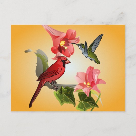 Kardinaal- en Hummingvogel met roze gelilies en ja Briefkaart (Voorkant)