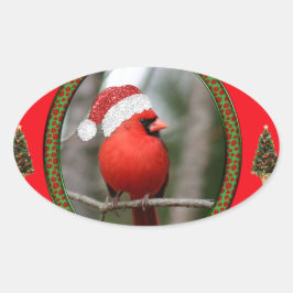 Kardinaal en Kerstbomen op Rode Achtergrond Ovale Sticker