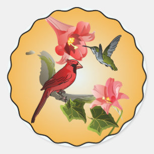 Kardinaal- en kruisvogel met roze gelilies rond ronde sticker