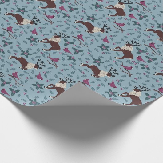Kardinaal en rendier kerstinpakpapier cadeaupapier (Hoek)