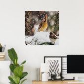 Kardinaal en Sparrow in de sneeuw Poster (Thuiskantoor)