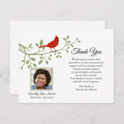 Kardinaal Funeral Hartelijk dank jullie fotonotiti Bedankkaart (Voorkant / Achterkant)