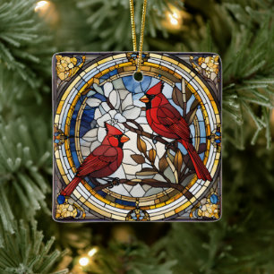 Kardinaal Glas in lood Rode Vogels Memorial Ronde Keramisch Ornament