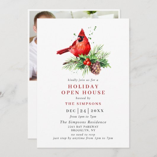 Kardinaal Holly Berry Holiday kerst Open House Kaart (Voorkant / Achterkant)