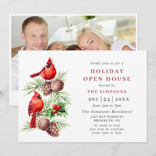 Kardinaal Holly Berry Holiday kerst Open House Kaart (Voorkant / Achterkant)