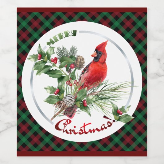 Kardinaal, hulst & dennennaalden bogen in Kerstmis Wijn Etiket (Enkel label)