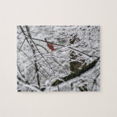 Kardinaal in de besneeuwde bomen legpuzzel (Horizontaal)
