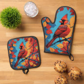 Kardinaal in de herfst ovenwant & pannenlap set (Top down)