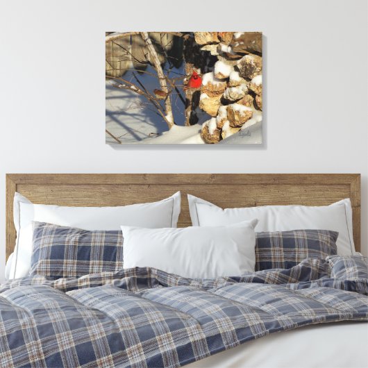 Kardinaal in de sneeuw canvas afdruk (Insitu (Slaapkamer))
