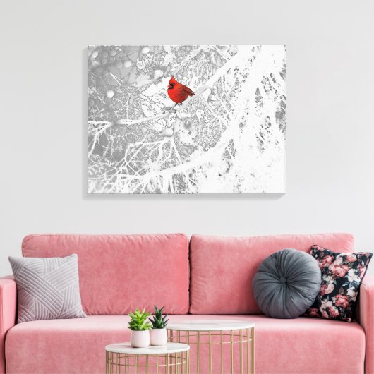 Kardinaal in de winter canvas afdruk (Insitu (Woonkamer))