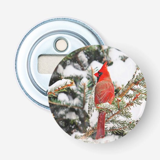 Kardinaal in een dennenboom button flesopener (Voorkant)