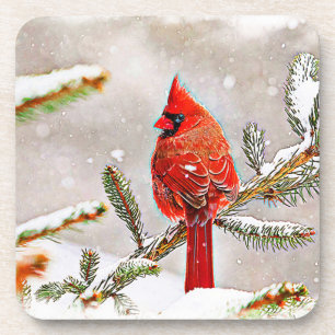 Kardinaal in een dennenboom in de winter drankjes onderzetter