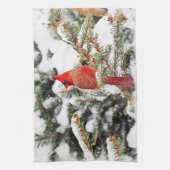 Kardinaal in een dennenboom theedoek (Verticaal)