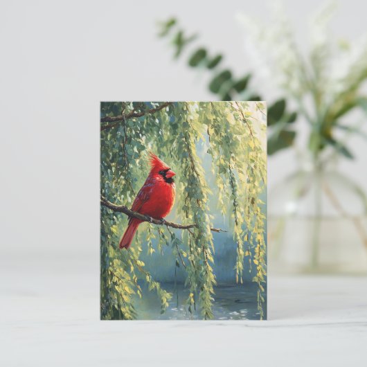 Kardinaal in een wilgenboom briefkaart (Staand voorkant)