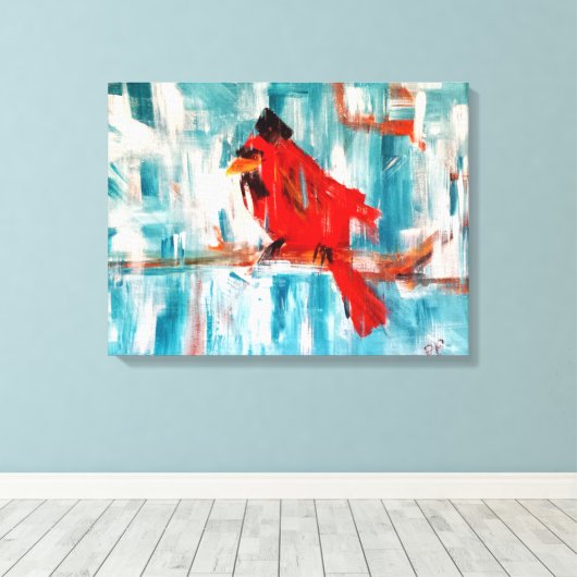 Kardinaal in sneeuw canvas afdruk (Insitu (Houten vloer))