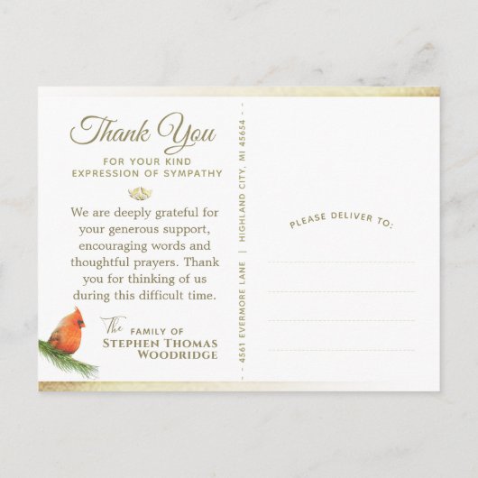 Kardinaal in sparren sympathie dank postkaart (Achterkant)