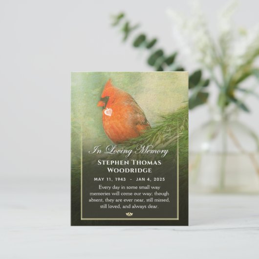 Kardinaal in sparren sympathie dank postkaart (Staand voorkant)