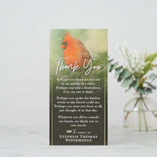 Kardinaal in Spruce 4x8 Sympathie Dank je wel Bedankkaart (Staand voorkant)