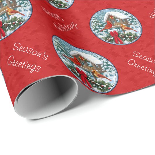 Kardinaal Kerst Vogelveer Rood Cadeaupapier (Rol Hoek)