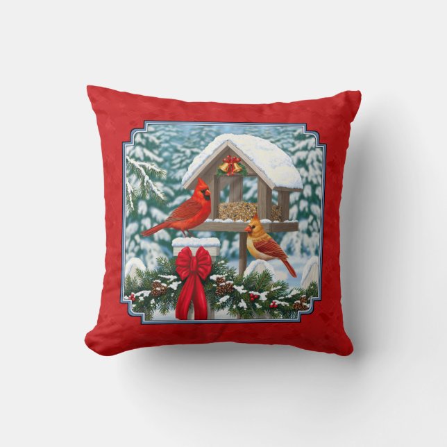 Kardinaal Kerst Vogelveer Rood Kussen (Voorkant)